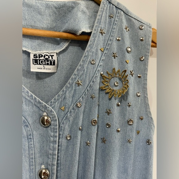 Vintage SPOTLIGHT Denim Romper size L with Pockets Bejewelled Sun and Moon - Picture 6 of 11